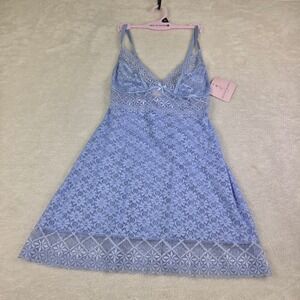 Bed of Roses Lace Chemise Set BET059B Blue Floral V-Neck Strappy Back Lingerie M